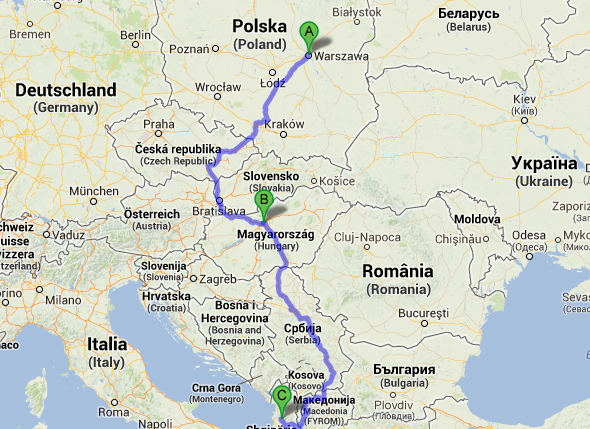 Trasa dojazdu do Albanii przez Budapeszt, Nowy Sad, Belgrad, Nisz